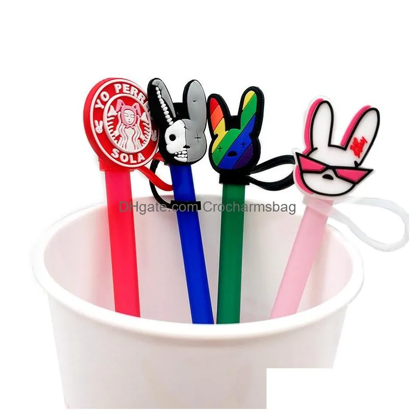 2023 new bad bunny straw topper silicone mold accessories cover charms Reusable Splash Proof drinking dust plug decorative 8mm straw party