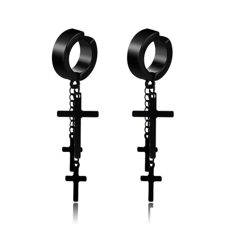 316l stainless steel hypoallergenic stud earrings for mens punk rock black silver cross chain tassel earrings fashion jewelry in bulk