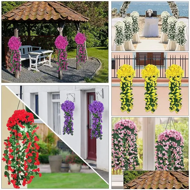 Violet Artificial Flower Wall Hanging Simulation Violet Orchid Fake Silk Vine Flowers Wedding Party Home Garden Balcony Decoration