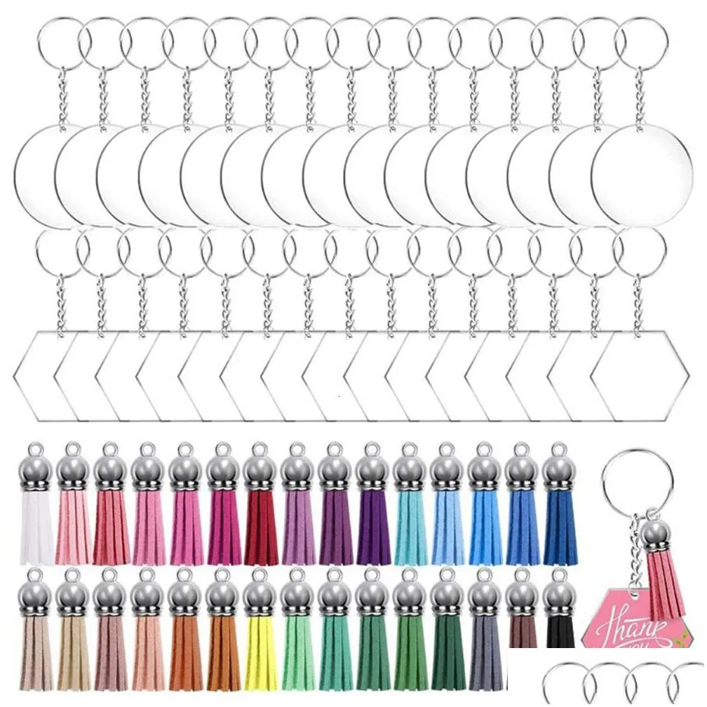 other event party supplies 120pcs acrylic clear circle discs keychain set round acrylic keychain blank leather tassel pendant jump rings diy keychain