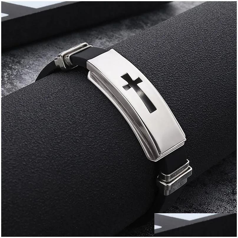 stainless steel cross sign bracelet for mens & women black silicone wrap bangle titanium steel 2019 fashion sport jewelry gift