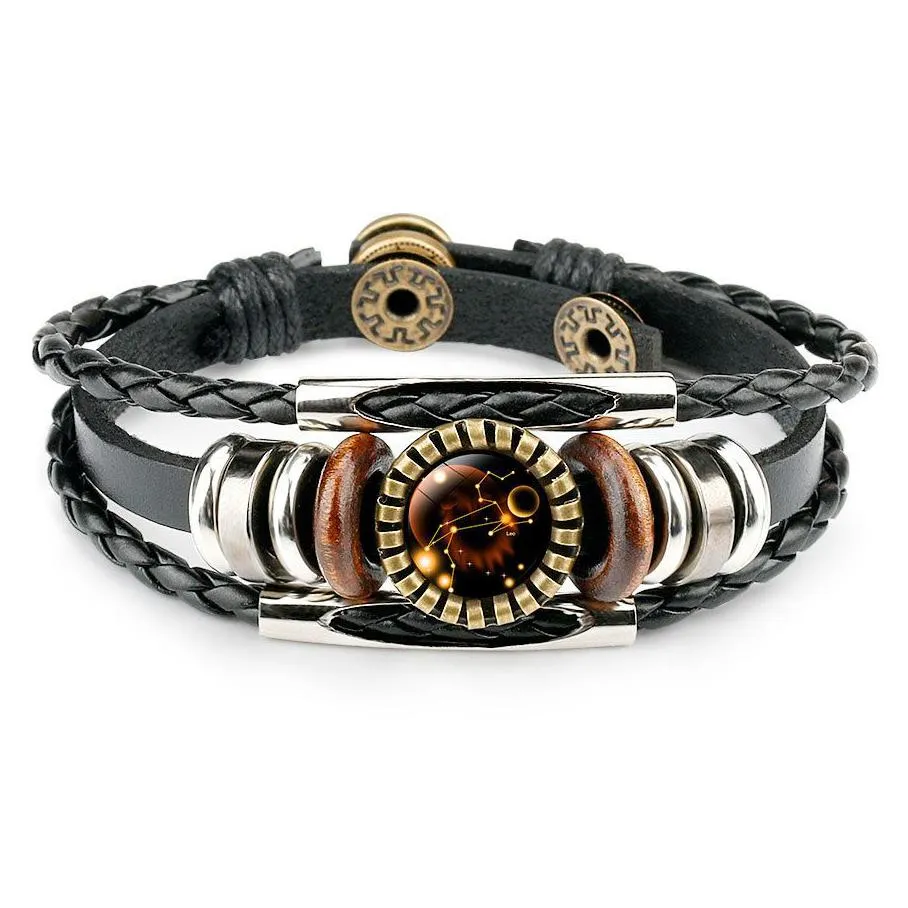 fashion zodiac sign leather wrap bracelets 12 horoscope cabochons glass charm adjustable bangle for women men fashion jewelry in bulk