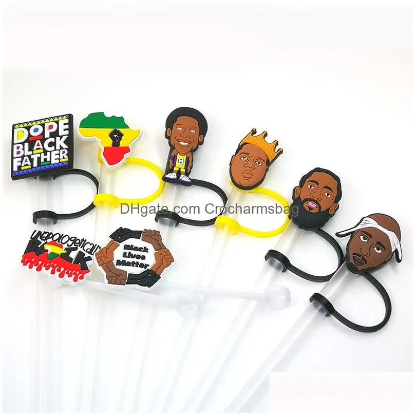 Custom soft Black Lives Matter silicone straw toppers accessories cover charms Reusable Splash Proof drinking dust plug decorative 8mm straw party