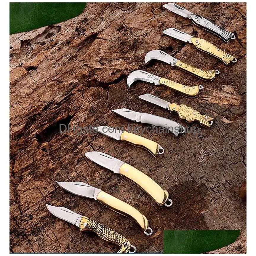 11 styles mini folding knife brass handle small blade woman man self-defense keychain knives exquisite gifts cute key chain package opener outdoor