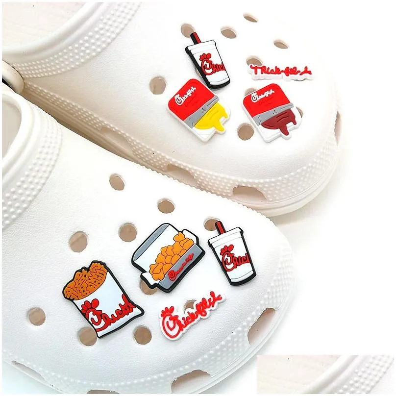 moq 100pcs Fried chicken hamburger cola clog JIBZ 2D Soft rubber Shoe decorations accessories clog Shoe Buckles charms kids favor Sandals