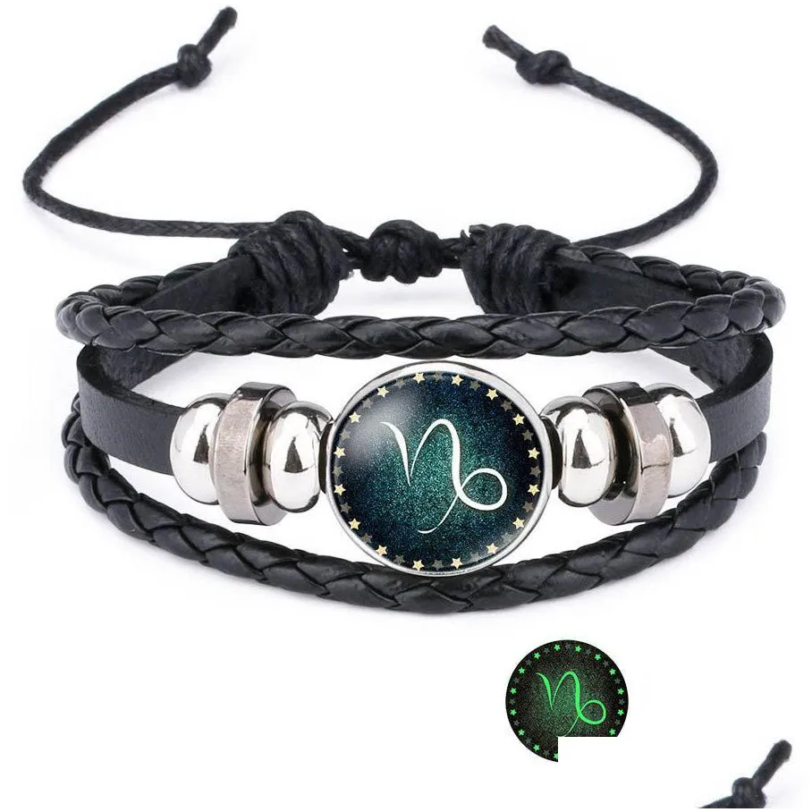 luminous 12 zodiac sign bracelet for women men glow in the dark constellations charm leather rope chains bangle diy fashion jewelry