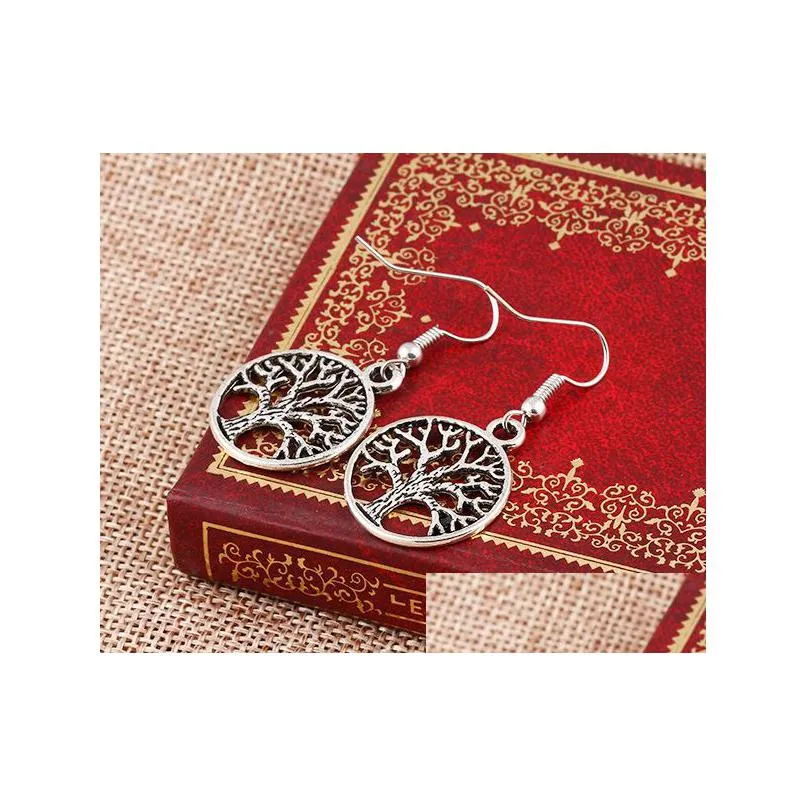 2016 fashion women drop earrings 925 silver fish ear hook chandelier earring antique silver tree of life dangle earrings