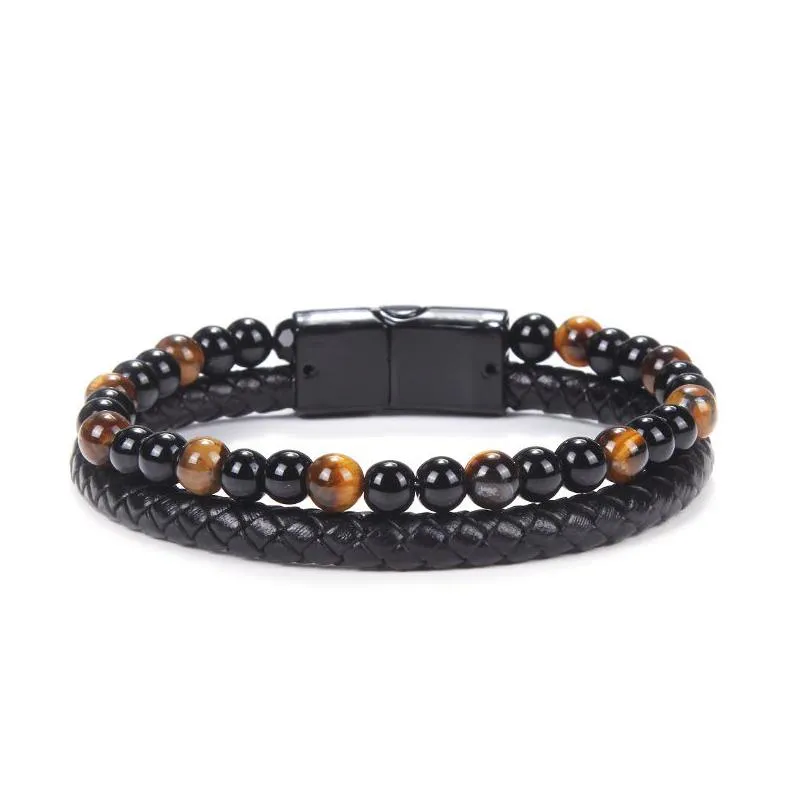 mens natural stone multi layered leather bracelets for women tiger eye lava rock beads chains bangle fashion magnetic buckle jewelry