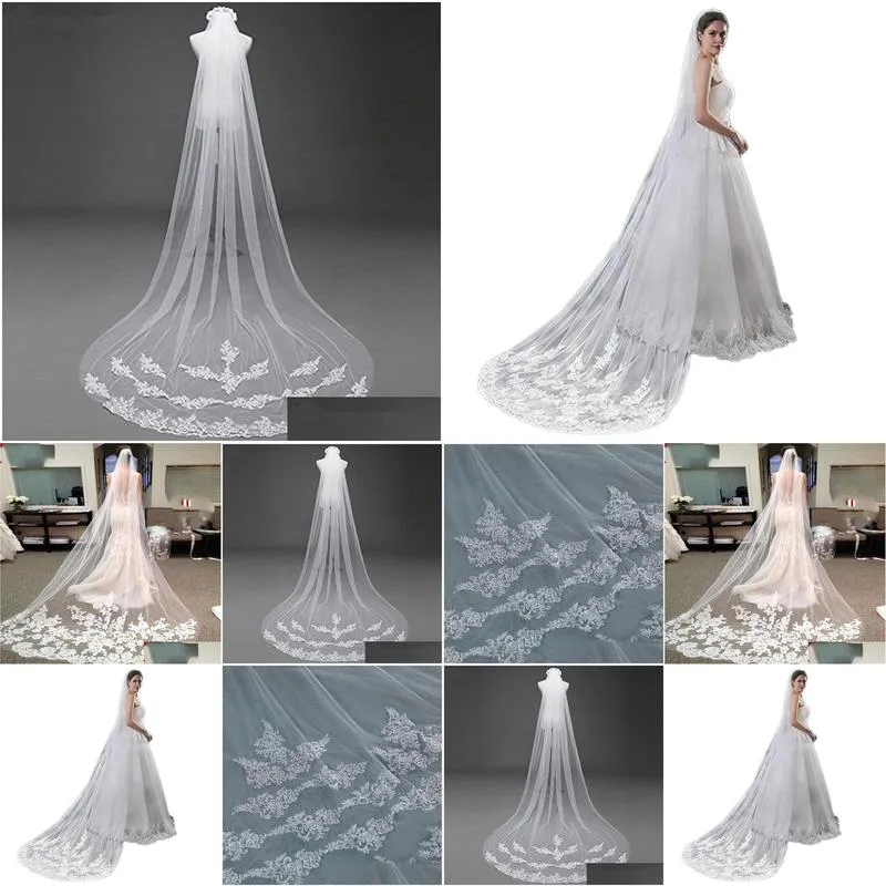 One Layer Lace Edge White Ivory Cathedral Wedding Veil Long Bridal Veil
