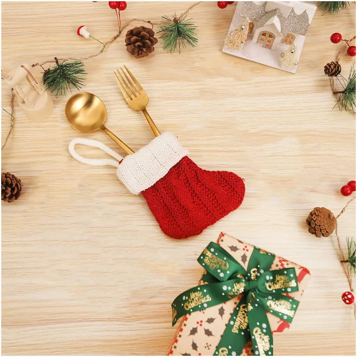 Christmas Stocking Pendant Ornament Decoration Fork Knife Cutlery Bag Xmas Tableware Holder Bag Xmas Ornament Decoration Navidad