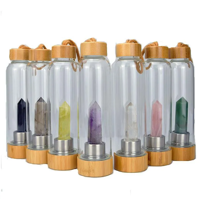 550ml natural crystal glass cup water bottles energy bamboo cover kettle outdoor portable sports water cups