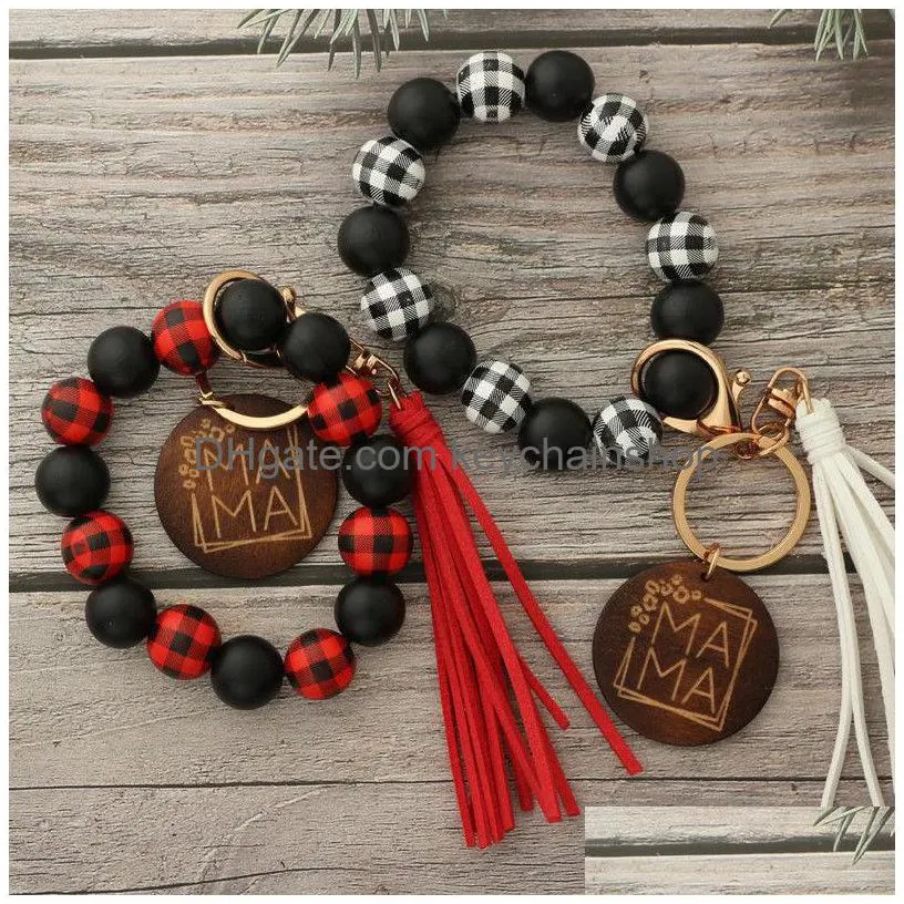 leopard beaded keychain tassel keychain pendant wooden beads wrist bracelet key chain creative mama mother`s day gift keyring 30pcs