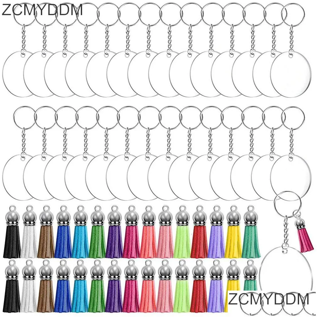 other event party supplies 120pcs acrylic clear circle discs keychain set round acrylic keychain blank leather tassel pendant jump rings diy keychain