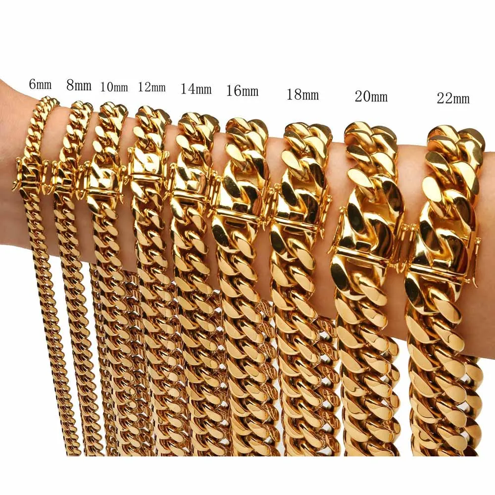 316L Stainless Steel  Cuban Link Chain Necklaces Bracelets Hip Hop High Polished 18K Gold Plated Cast Punk Jewelry Sets Choker Chains For Men Women 6mm-22mm