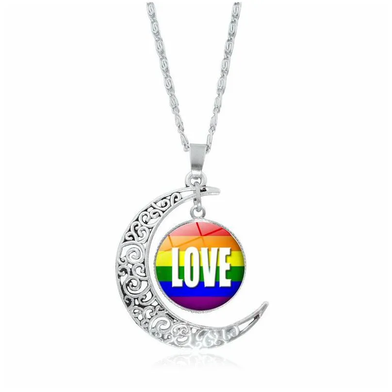 new rainbow lgbt gay pride moon necklace for women men love glass cabochon pendant chains fashion jewelry gift