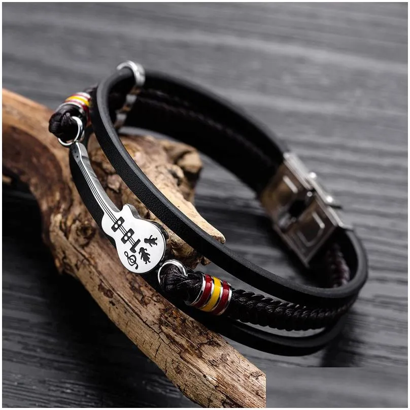 stainless steel mini guitar leather bracelets for men punk personalized genuine leather rope bangle music charm fashion jewelry gift