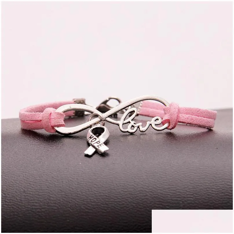 fashion breast cancer awareness hope bracelets for women men ribbon love charm velvet string rope wrap bangle diy handmade jewelry