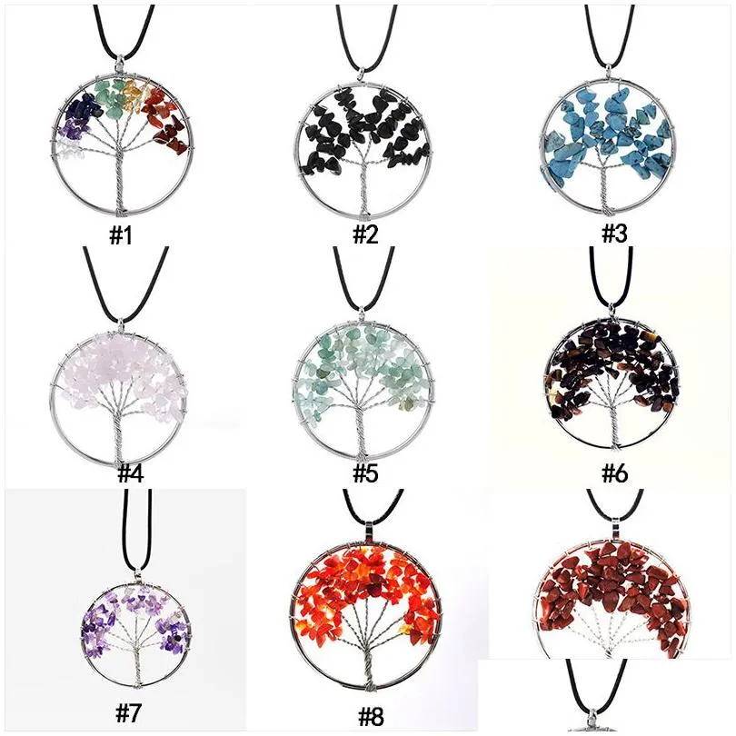 7 chakra tree of life pendant necklaces healing natural crystal gravel stone charm leather wax rope chain for women fashion jewelry