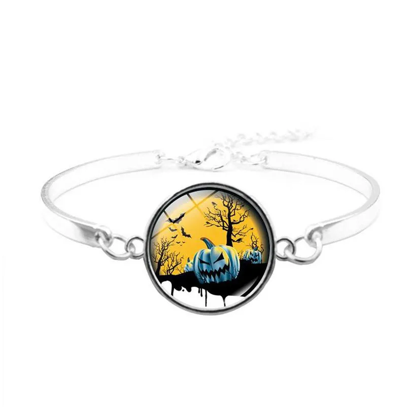 happy halloween gift trick or treat pumpkin bracelet for women men glass cabochon bat charm bangle fashion jewelry