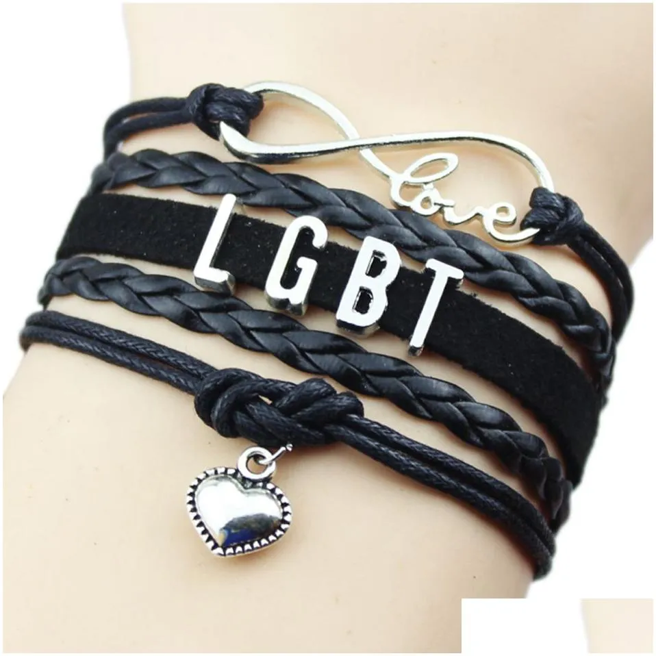 fashion lgbt gay lesbian leather wrap bracelets braided rope infinity love heart charm bangle for women men friendship diy jewelry in