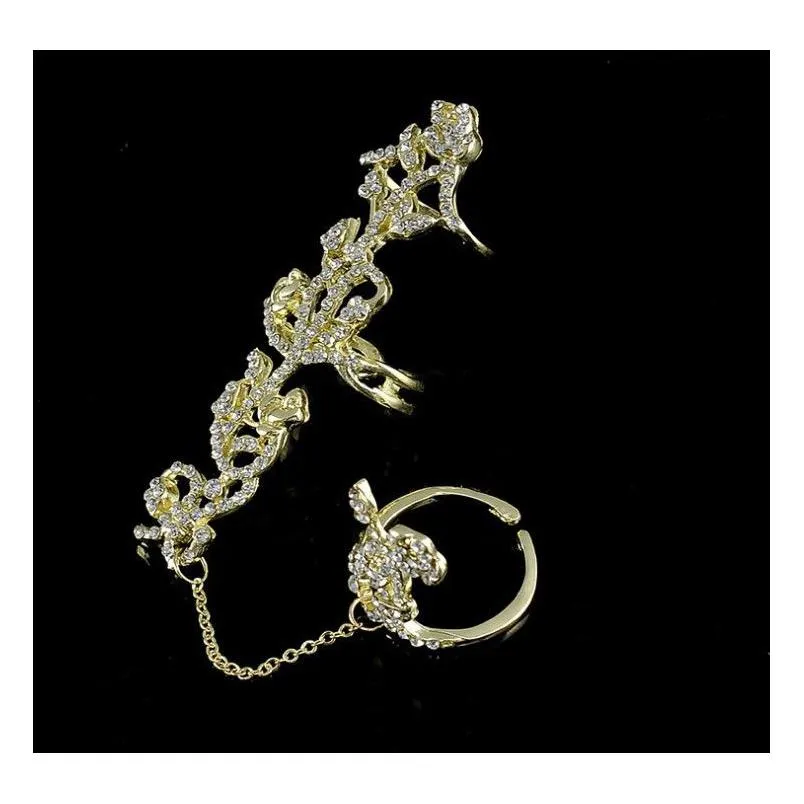 2016 new gothic punk rock rhinestone cross knuckle joint armor long full adjustable finger rings gift for women girl fashion jewelry
