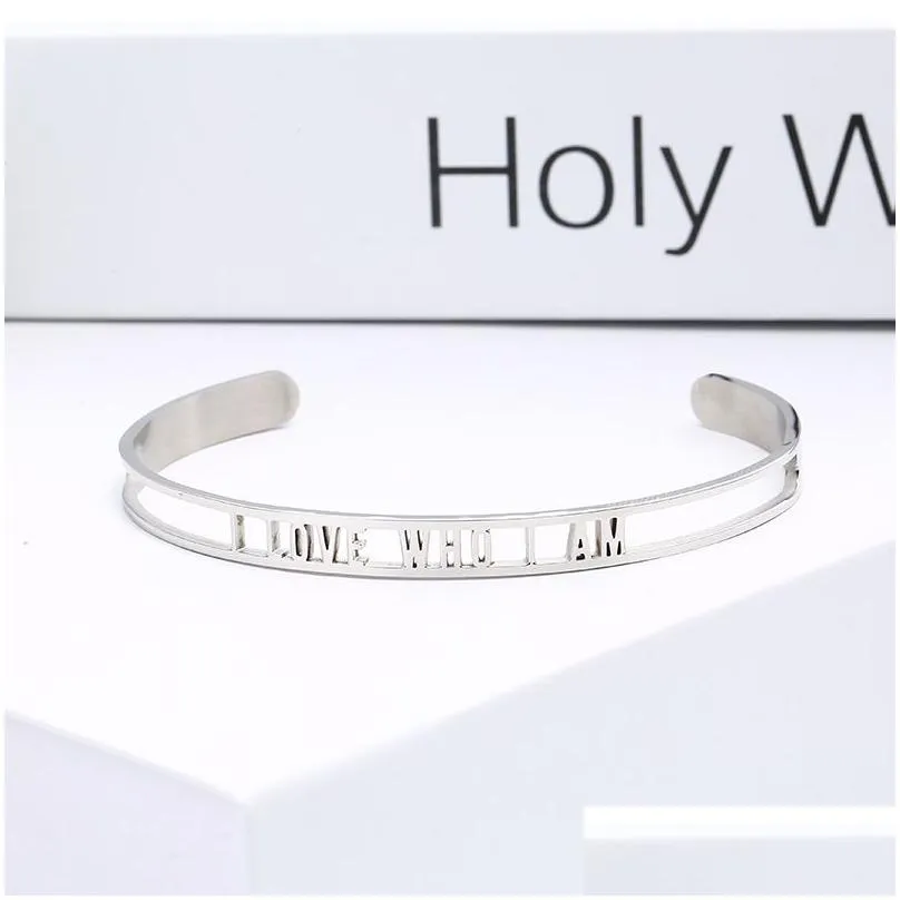 6mm stainless steel inspirational cuff bangle i love who i am hollow letter open bracelets for women personalized jewelry