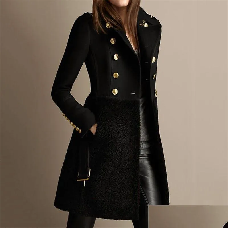 women autumn winter long jacket coat black double breasted belt slim fit fleece plus size ladies trench coats elegant outwear 201211