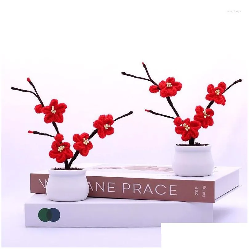 Decorative Flowers Crochet Plum Blossom Potted Bonsai Artificial Plants Hand Knitted Ornaments Gifts For Office Home Table Decorations