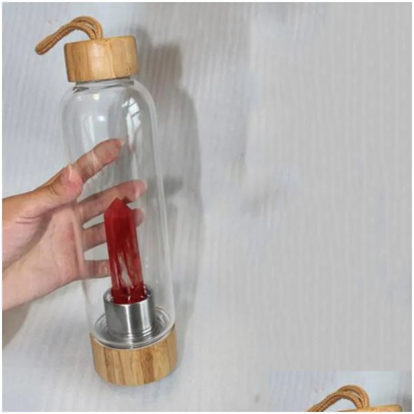 550ml natural crystal glass cup water bottles energy bamboo cover kettle outdoor portable sports water cups