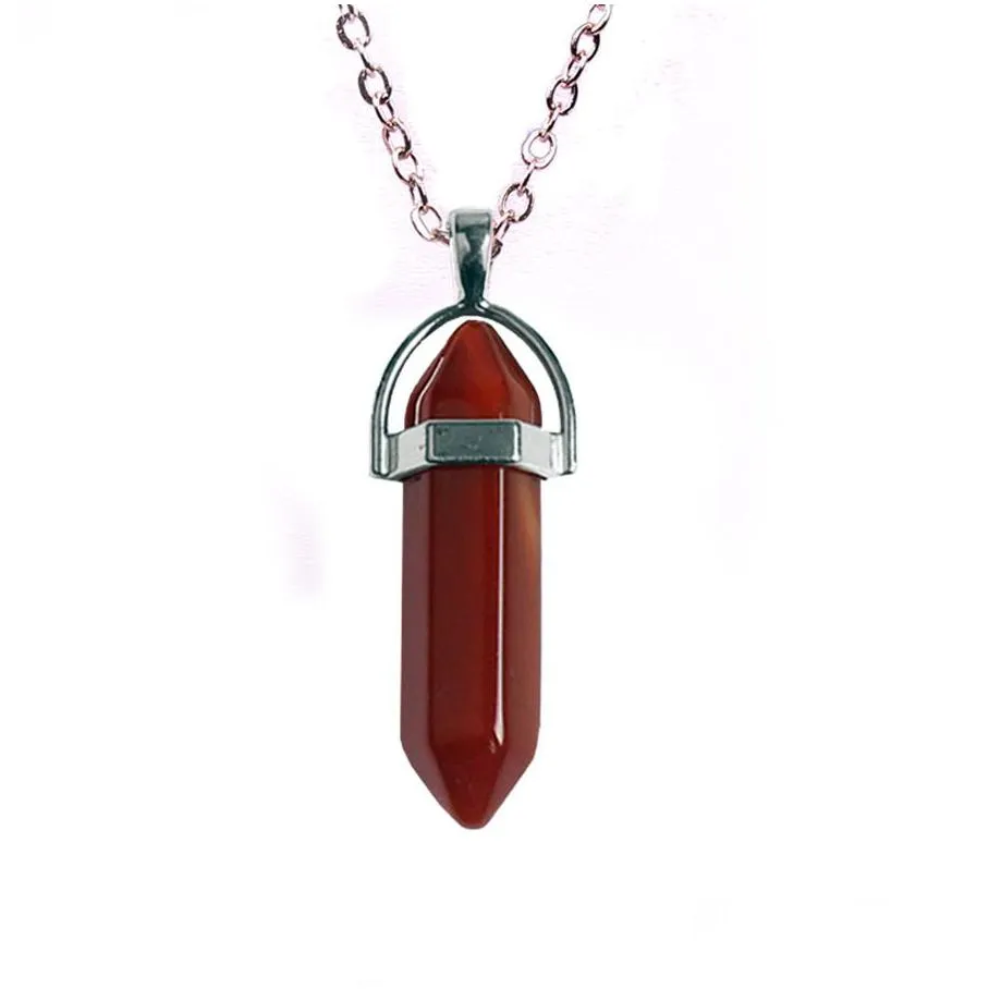 mix natural stone quartz bullet necklace hexagonal prism point healing opal turquoise tiger eye pendant chains for women jewelry in