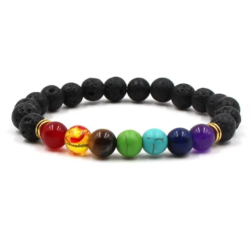 7 chakra black lava beaded strands bracelets 8mm rock bead elastic natural stones gemstones oil diffuser yoga strandsbracelets for men women girls
