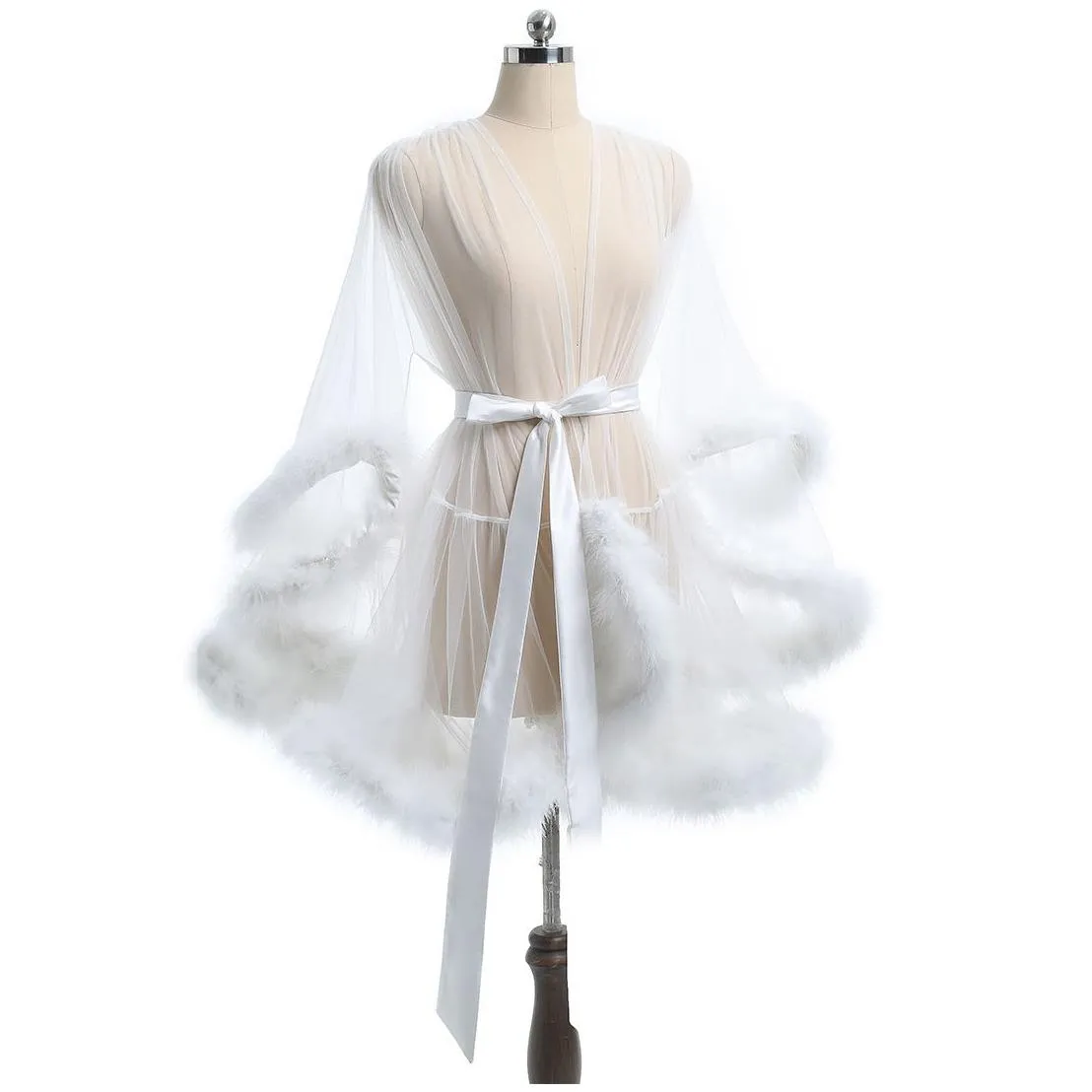 Sleepwear Short Feather Robe Dressing Gown Bridal Boudoir Sheer Robe Tulle Illusion Birthday Costume