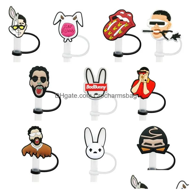 Custom Bad Bunny soft silicone straw toppers accessories cover charms Reusable Splash Proof drinking dust plug decorative 8mm straw party