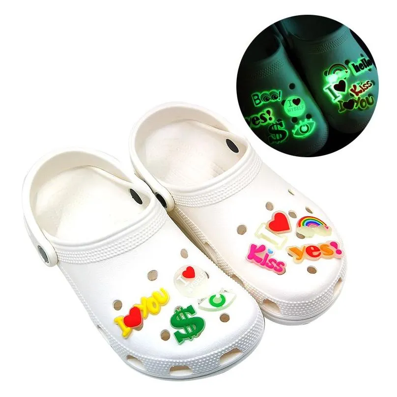 MOQ 50PCS Luminous clog shoe charms sweet style rainbow Glow in the dark shoe buckles accessories decorations 2D plastic Fluorescent clog pins fit kids garden