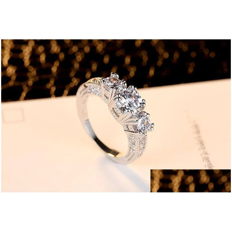 luxury cubic zirconia gemstone rings three cz stone gold silver plated wedding diamond ring for women ladies engagement jewelry