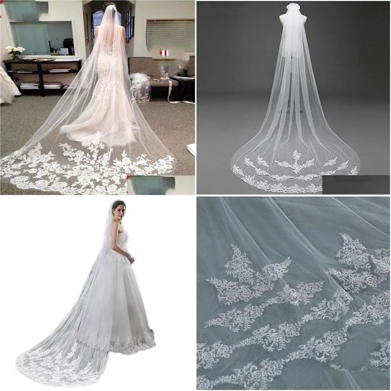 One Layer Lace Edge White Ivory Cathedral Wedding Veil Long Bridal Veil