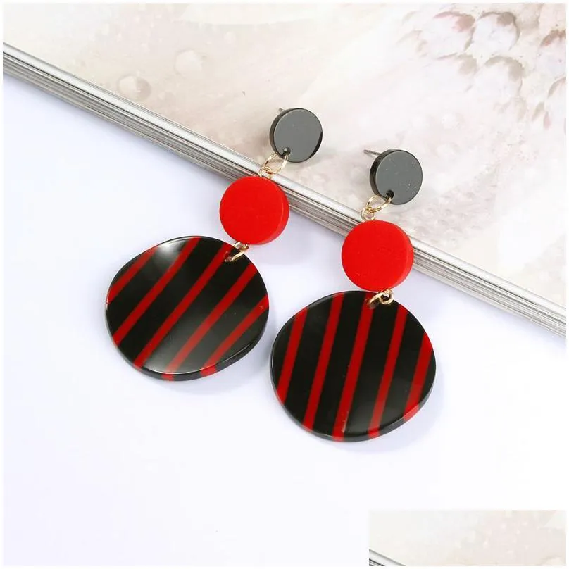 korean personalized black and white stripe dangle earrings for women round acrylic geometric long drop earrings girls fashion jewelry