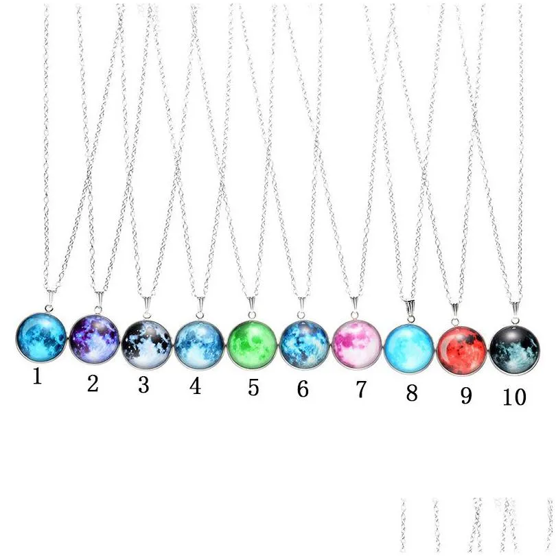 luminous galaxy universe nebula necklaces glow in the dark cabochon glass star moon pendant silver chain for women men fashion jewelry