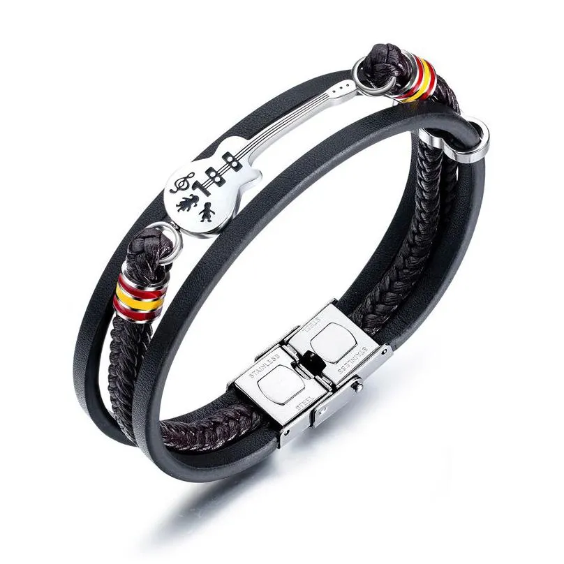 stainless steel mini guitar leather bracelets for men punk personalized genuine leather rope bangle music charm fashion jewelry gift