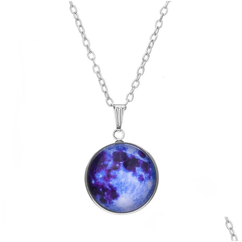 luminous galaxy universe nebula necklaces glow in the dark cabochon glass star moon pendant silver chain for women men fashion jewelry