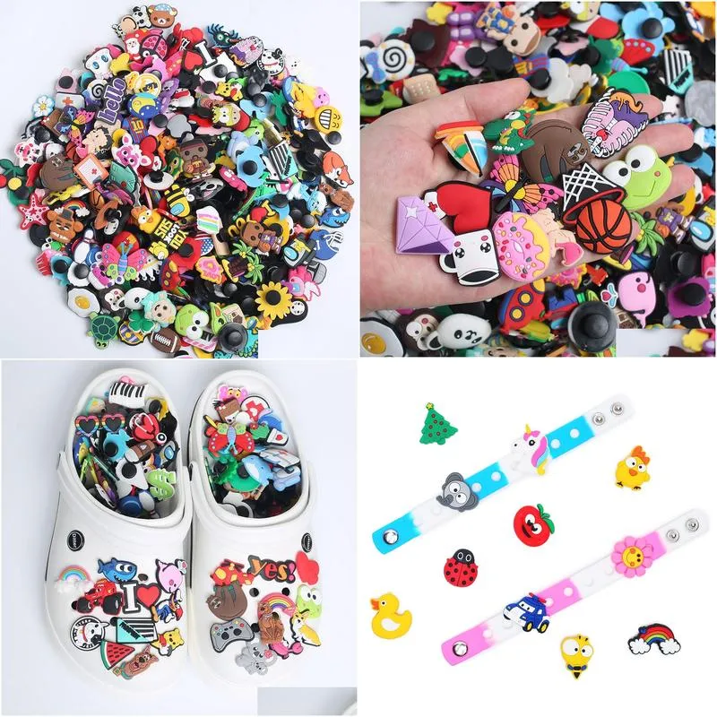 wholesale 30-50-100Pcs Mixed Cartoon Random Different Shoes Charms Fit clog Shoes/Wristbands Children Party Birthday Gift
