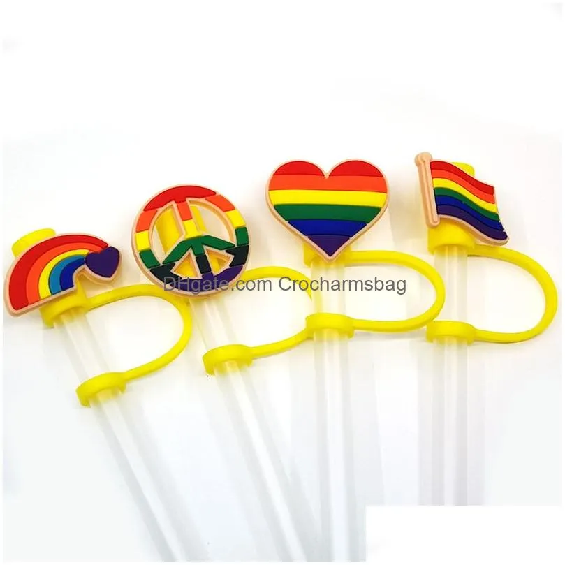 Custom Rainbow Flag silicone straw toppers accessories cover charms Reusable Splash Proof drinking dust plug decorative 8mm straw party