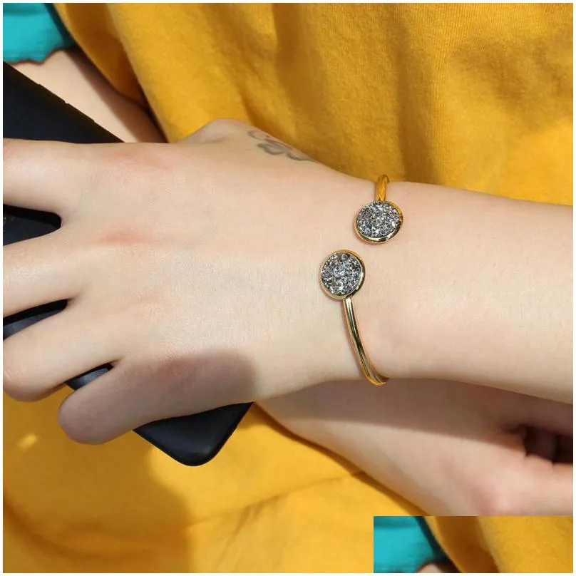 top quality druzy cuff bangles round natural geode stone rhinestone pave drusy charm expandable wire bracelets for women fashion