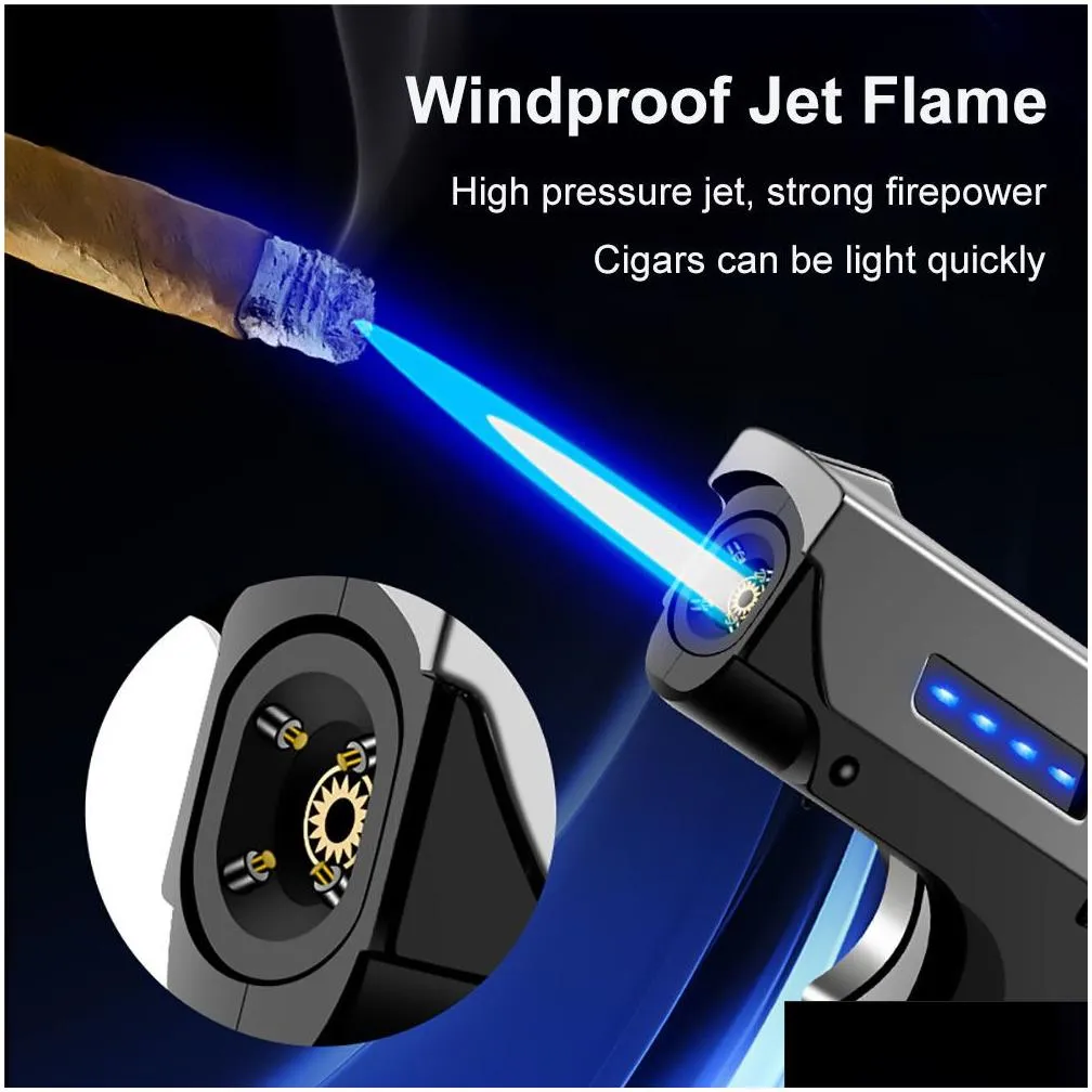 unique lighter windproof gas-electric plasma usb rechargable lighters gift for men folding gun butane torch turbo  flame cigar
