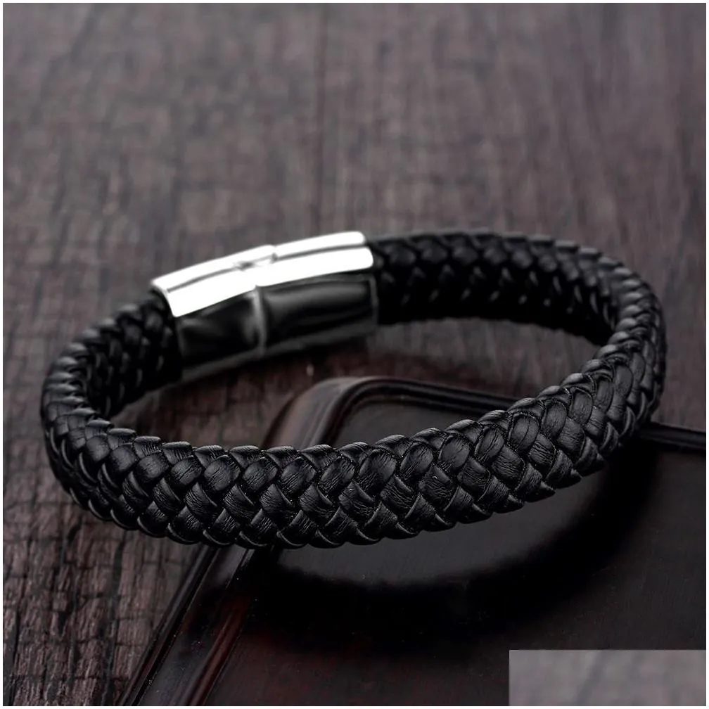 top quality black genuine leather braided bracelets men`s stainless steel magnetic clasp bangle for women s punk jewelry gift