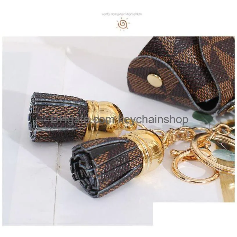 leather key chains rings jewelry brown flower plaid tassel coin purse keyrings pendant fashion mini storage bag charm keychains accessories 7