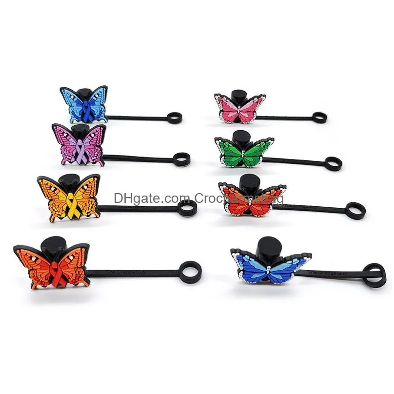Butterfly pattern soft silicone straw toppers pvc accessories charms Reusable Splash Proof drinking dust plug decorative 8mm straw in tumbler cup party