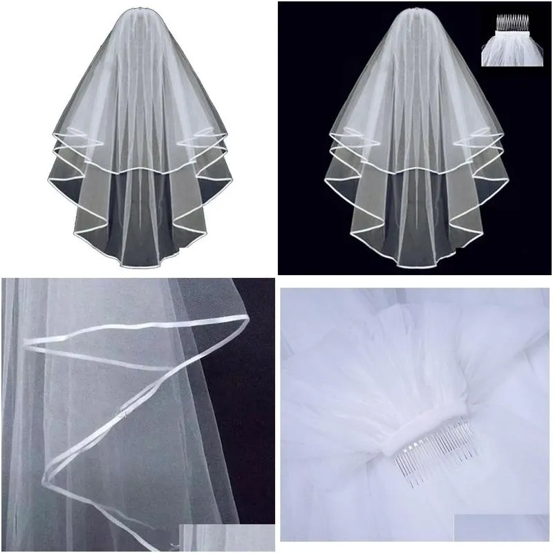 Bridal Veils New Double Mesh Tulle Ribbon Edge Women Short Wedding Veil with Comb Bride Headpiece