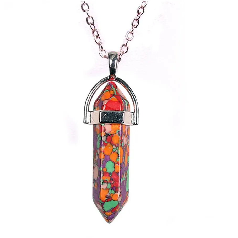 mix natural stone quartz bullet necklace hexagonal prism point healing opal turquoise tiger eye pendant chains for women jewelry in