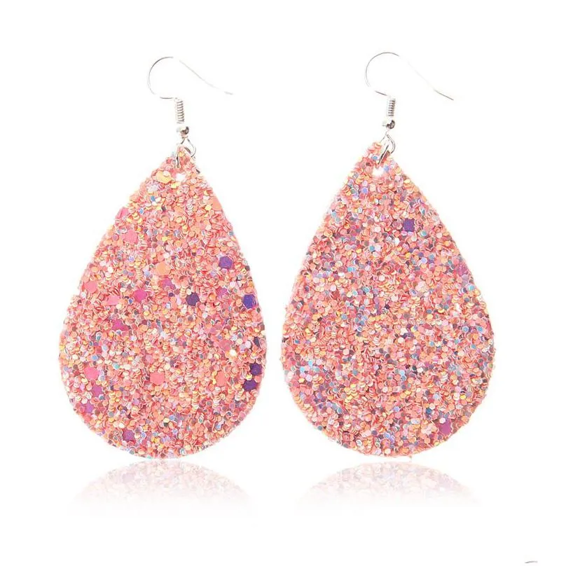 bohemian water drop leather earrings for women ethnic multicolor sequins pu leather long dangle earrings girls fashion jewelry party